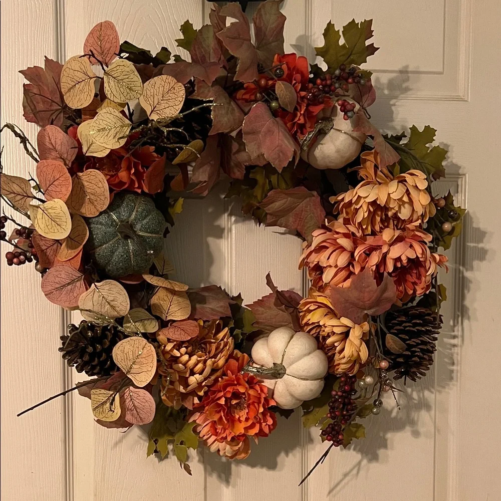 Autumn Harvest Wreath with Pumpkins and Pinecones